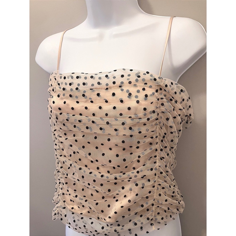 Loft Polka Dot Ruched Mesh Cami Top Beige Black Size 10 NWT